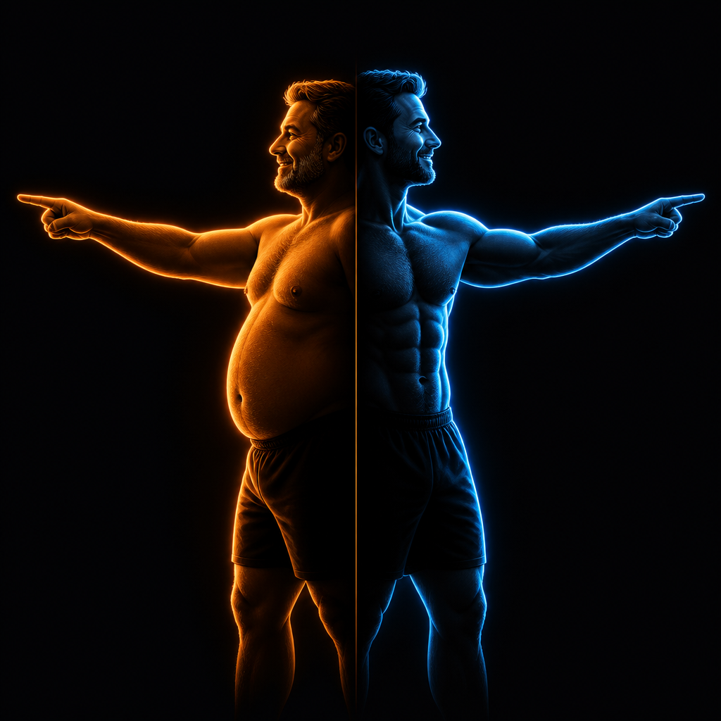 Orange dad bod and blue fit silhouette logo